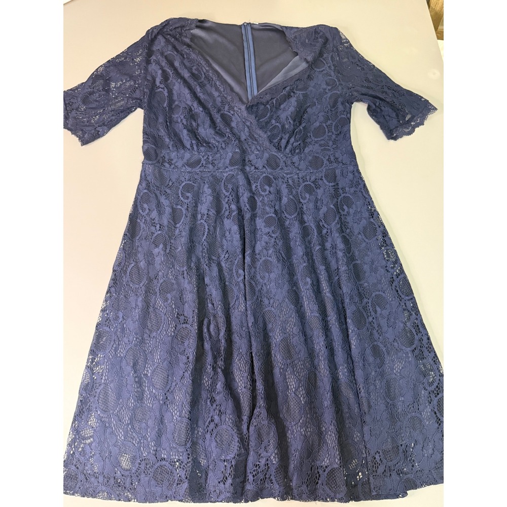 Navy Blue Floral Lace V-Neck A-Line Cocktail Dress Short Sleeve XXL